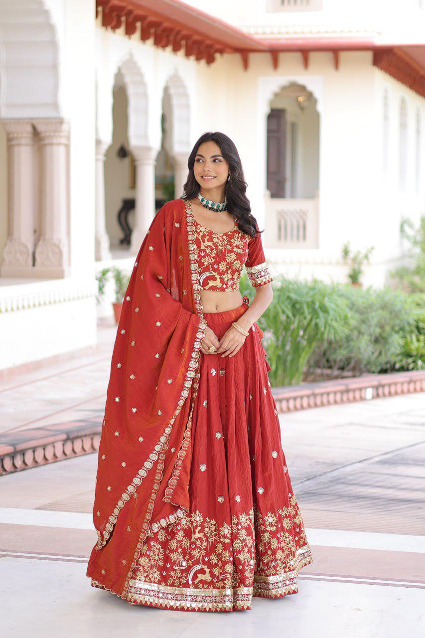 Vichitra Silk Lehenga Choli, Sequins Thread Embroidery, 4 Meter Flare Wedding Set