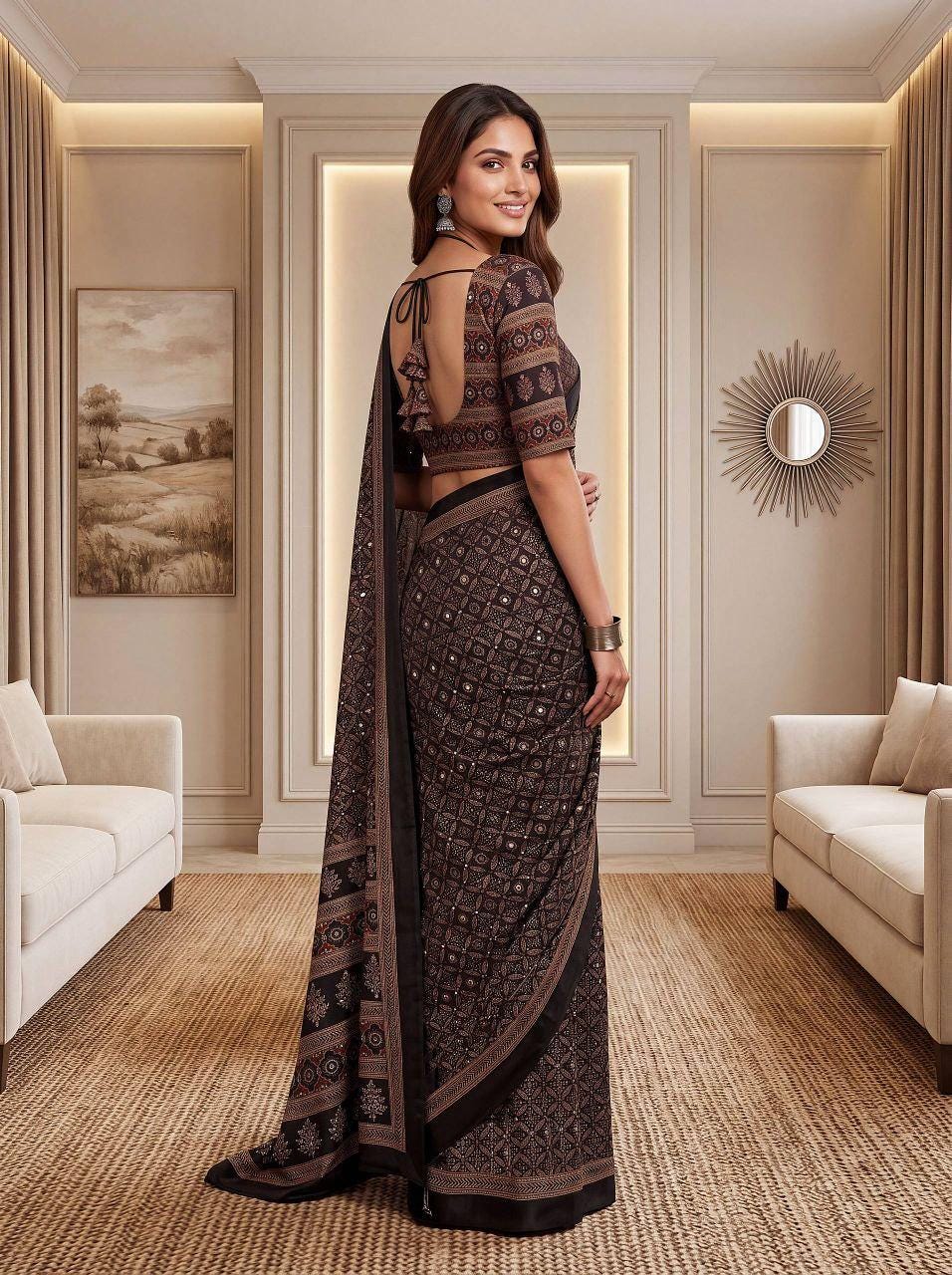 Chinon Ajrak Print Saree with Real Mirror Work | Digital Printed Indian Saree (Unstitched Blouse)
