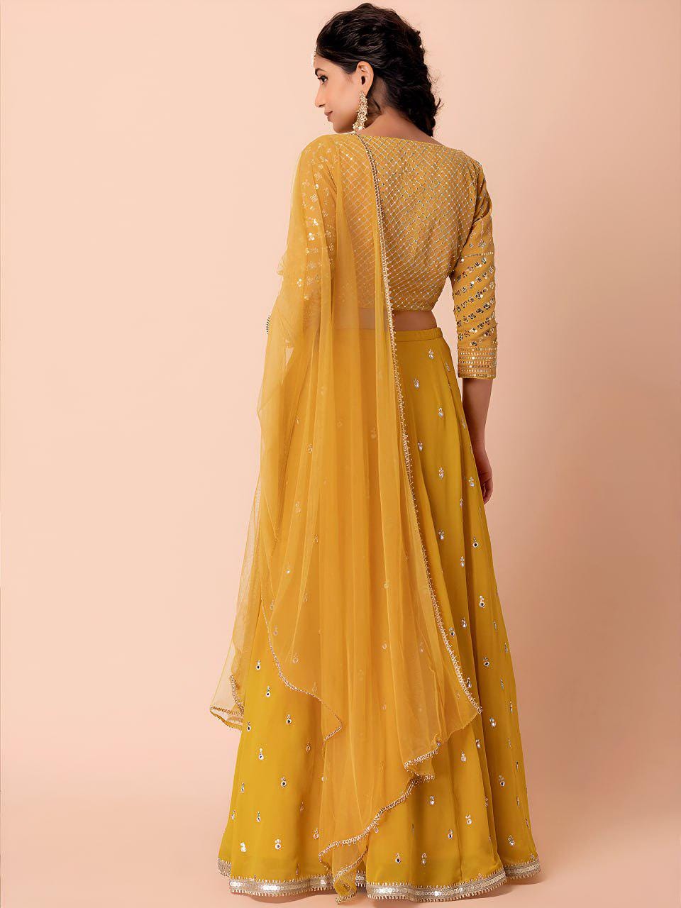 Mustard Yellow Heavy Georgette Lehenga Choli | Zari Sequin Embroidered Festive Wear Net Dupatta