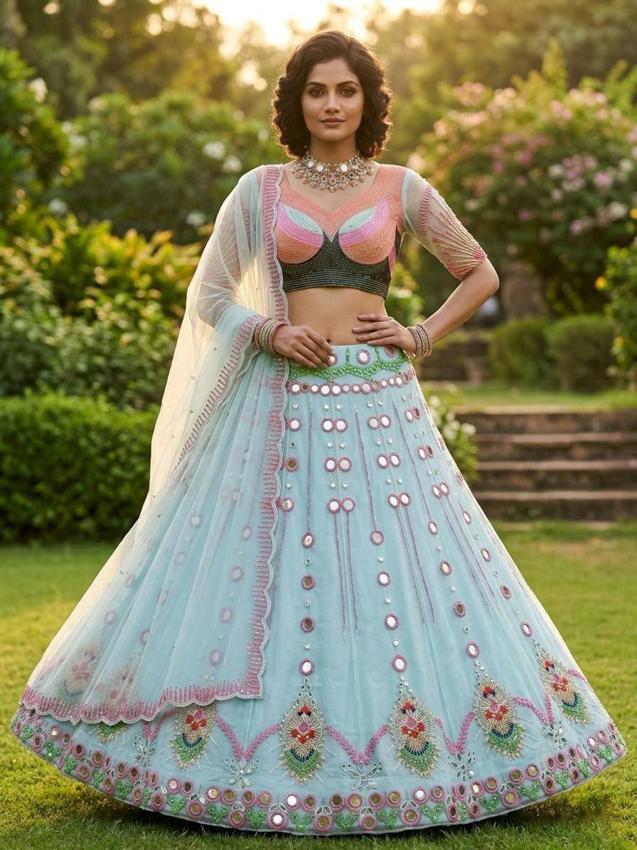 Butterfly Net Lehenga Choli, Mirror Pearl Work, Sequins Embroidery Bridal Set
