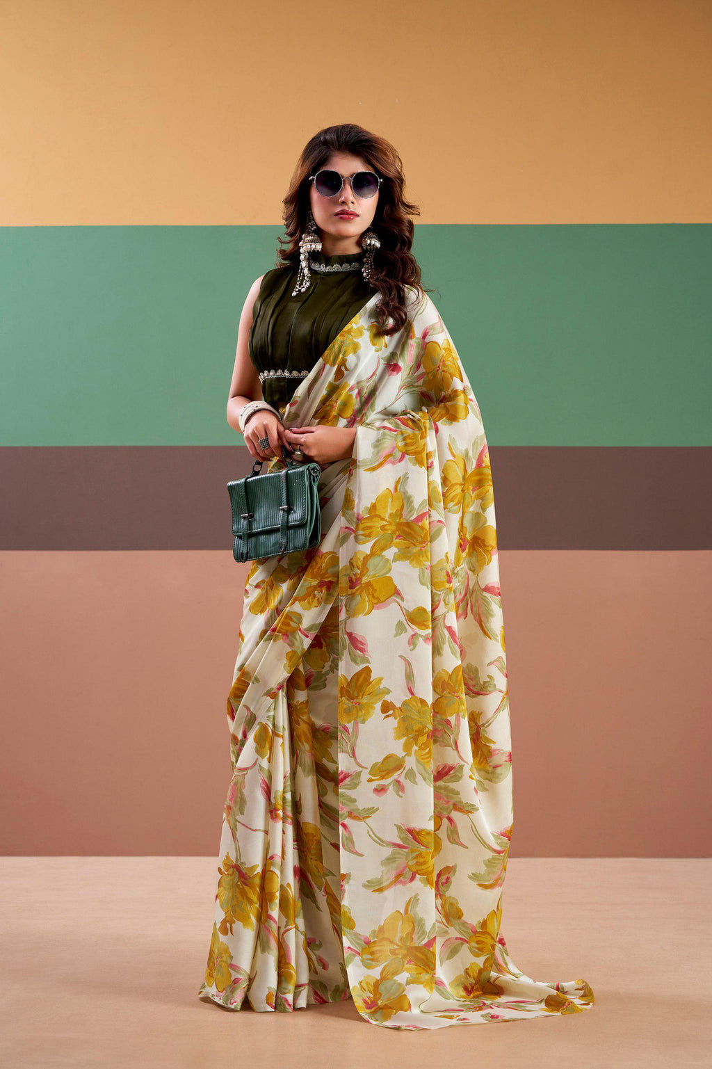 Satin Silk Floral Saree with Stitched Natural Silk Blouse, Indian Festive Party Wear