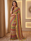 Chinon Ajrak Print Saree with Real Mirror Work | Festive Indian Wedding Wear (Unstitched Blouse)