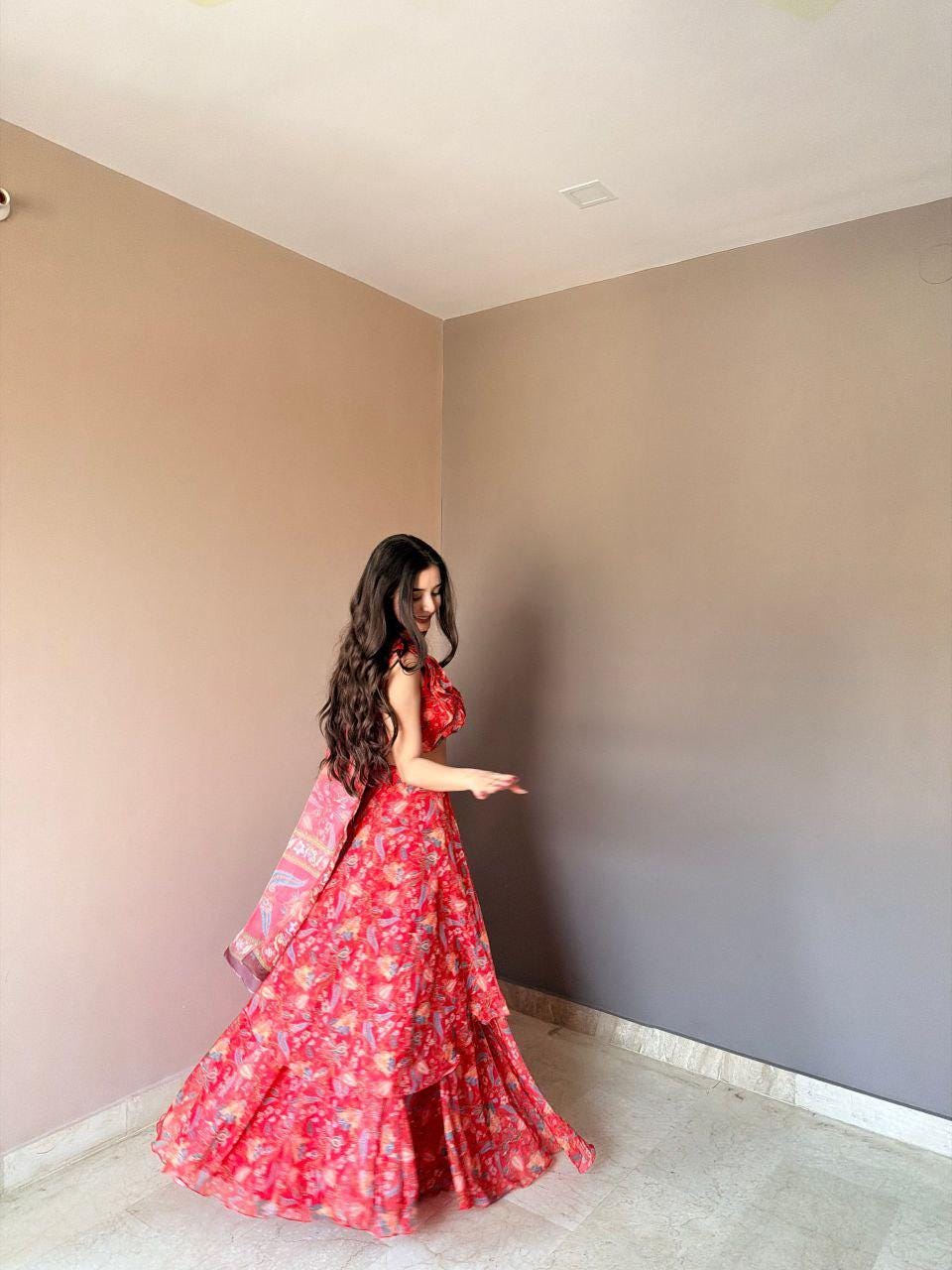 Floral Print Lehenga Choli Set | Sleeveless Padded Blouse, Multi-Panel Skirt, Printed Dupatta