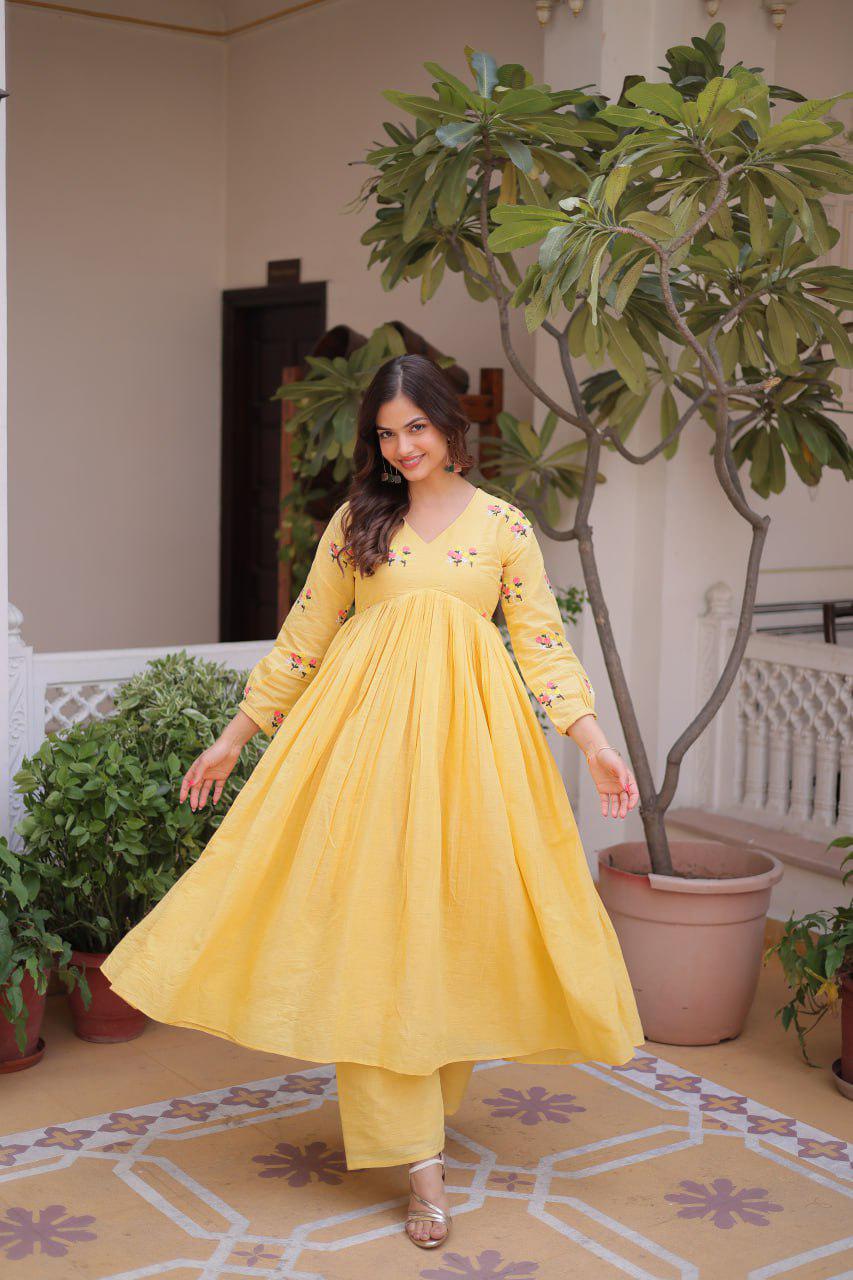 Embroidered Cotton Kurti Pant Set, V Neck Long Sleeve Indian Ethnic Wear