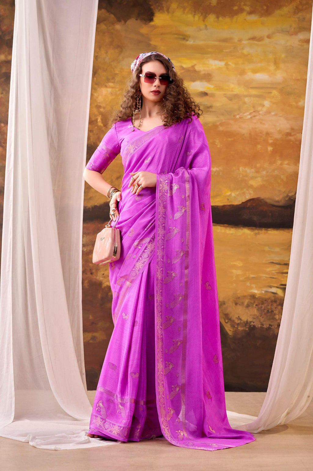 Crepe Weaving Saree with Unstitched Blouse, Lightweight Indian Festive Wear