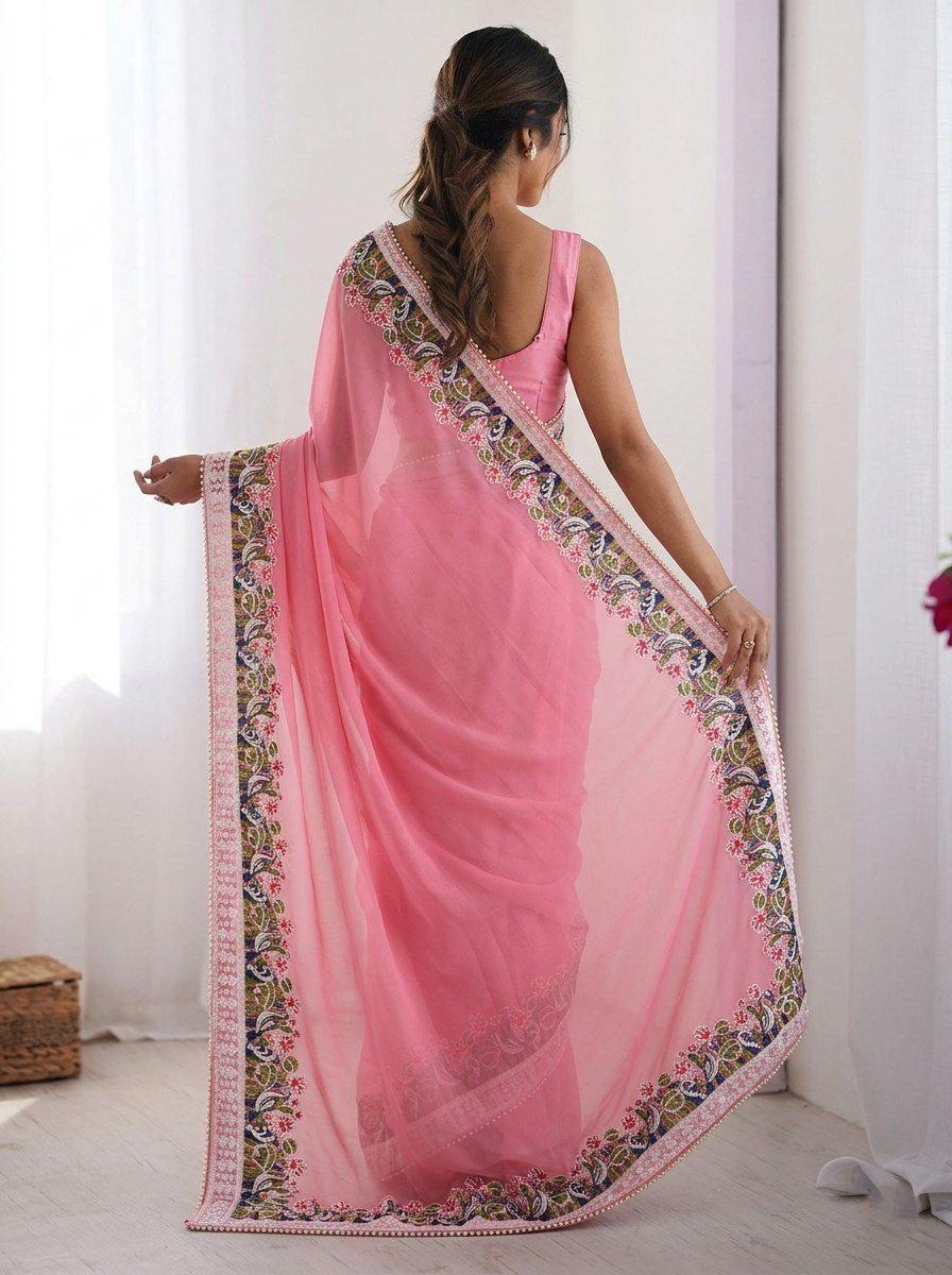 Soft Georgette Saree with Embroidery Lace Cutwork Border, Party Wear, Mono Banglory Silk Blouse