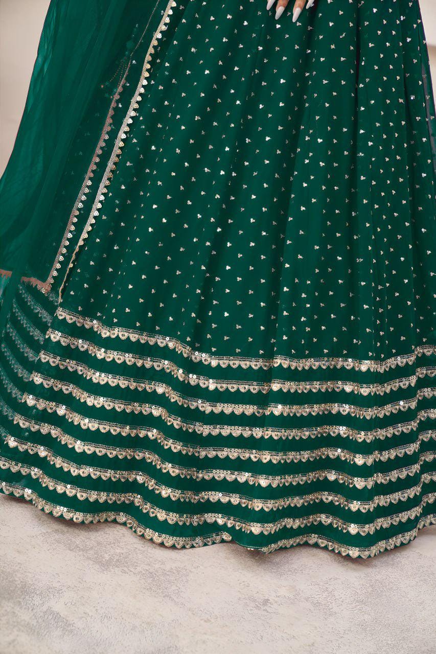 Teal Green Georgette Lehenga Choli Set | Zari Sequins Embroidery, Semi-Stitched Wedding Wear
