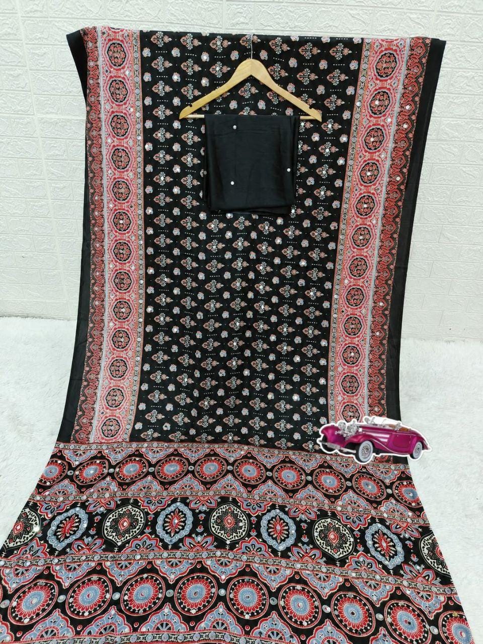 Soft Satin Silk Ajrakh Print Saree with Real Mirror Work | Festive Indian Wedding Wear