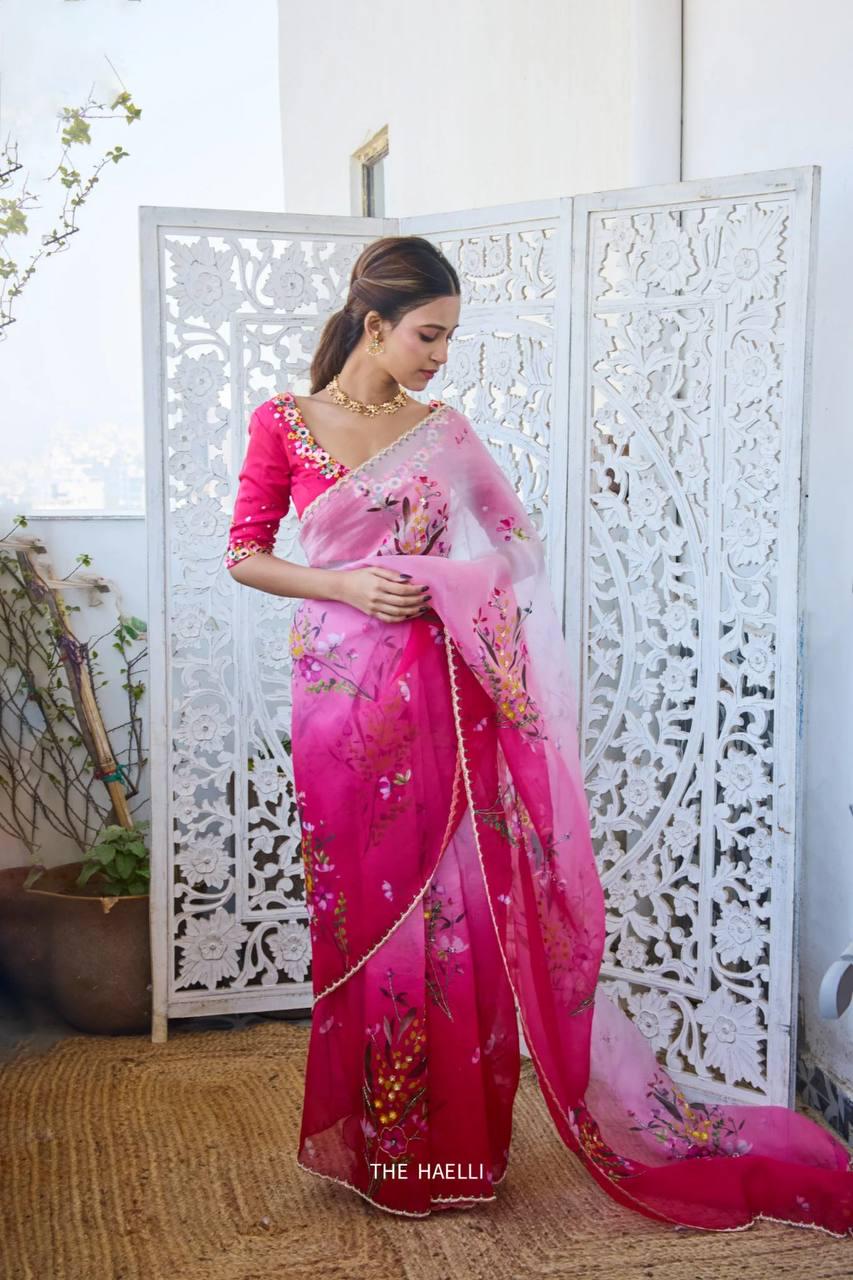 Floral Print Tabi Saree with Cut Dana Handwork, Chinon Blouse, Summer Party Wear
