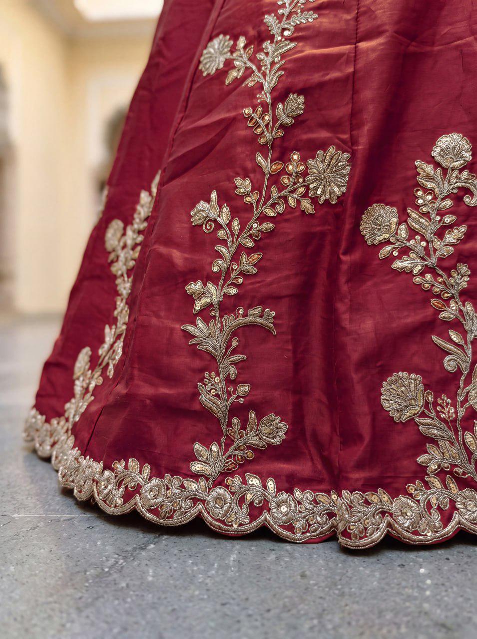 Maroon Rangoli Silk Lehenga Choli Set | Zari Dori Sequins Embroidery, Semi-Stitched Wedding Outfit