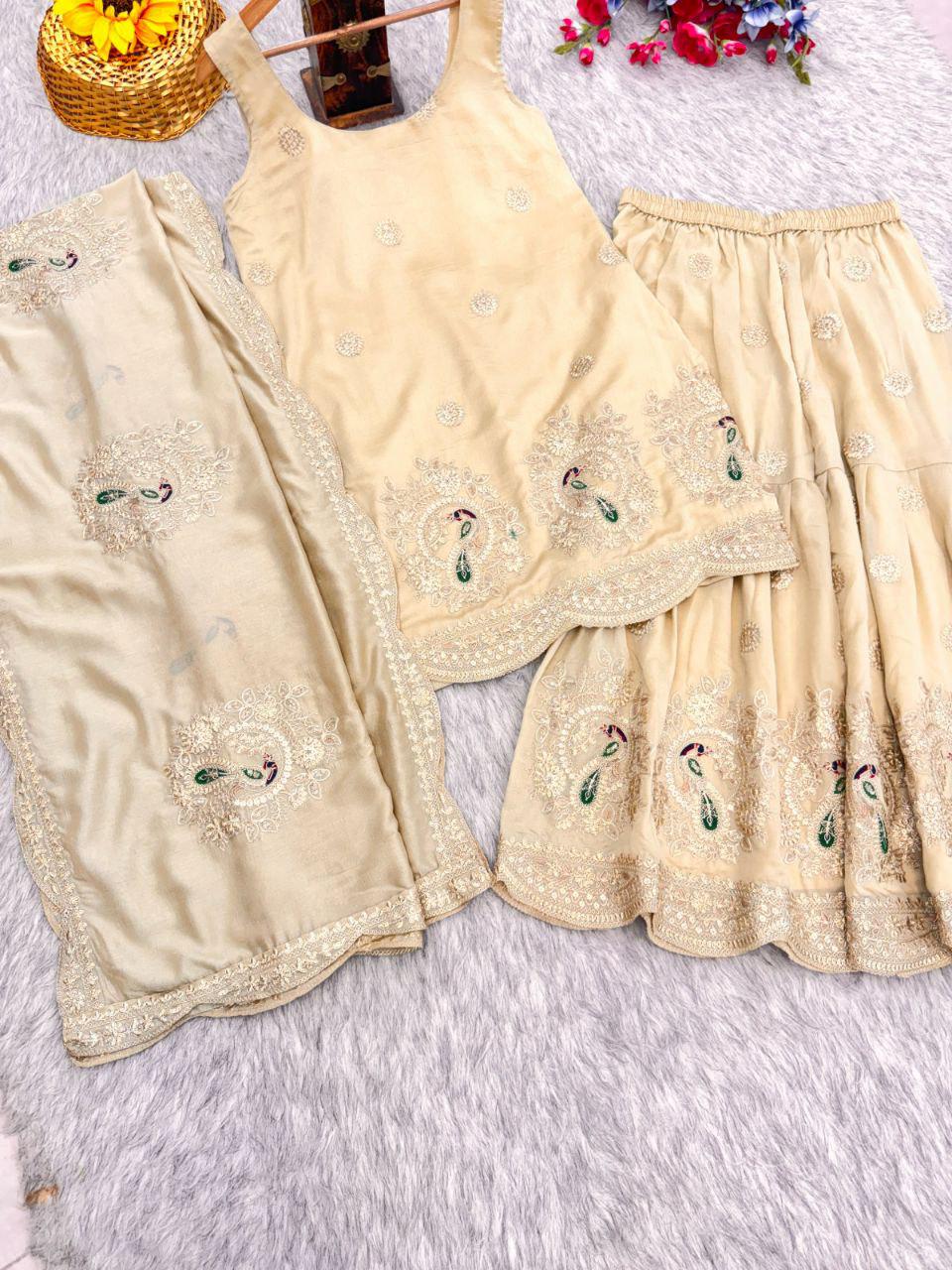 Cream Viscose Crop Top Palazzo Set with Pink Cape, Beads Embroidery Festive Co-Ord