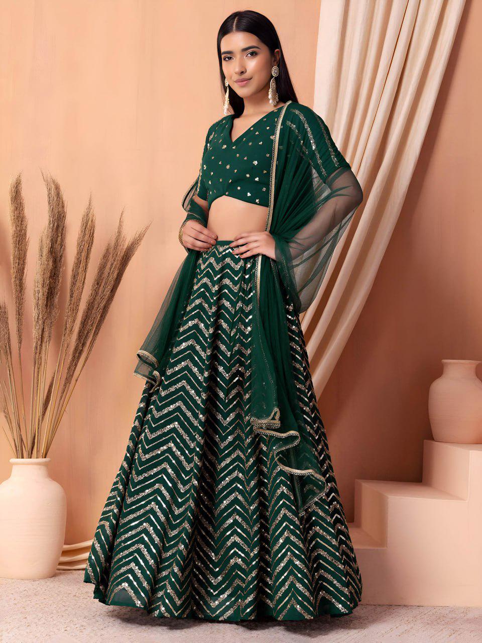 Green Georgette Lehenga Choli Set | Sequin Embroidered Wedding Party Wear (Semi-Stitched)