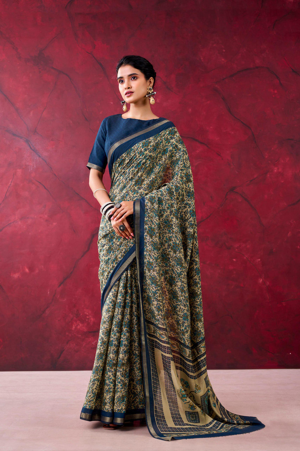 Polyester Viscose Chanderi Saree, Zari Weaving Print, Traditional Indian Party Wear (Unstitched Blouse)