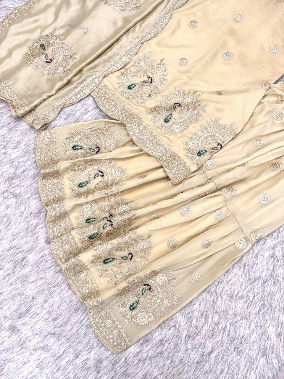 Cream Viscose Crop Top Palazzo Set with Pink Cape, Beads Embroidery Festive Co-Ord