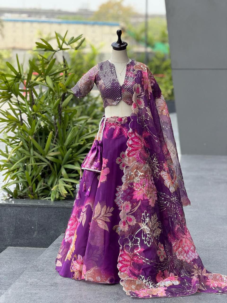 Digital Print Organza Lehenga Choli Set with Sequins Embroidery, Batwa Bag