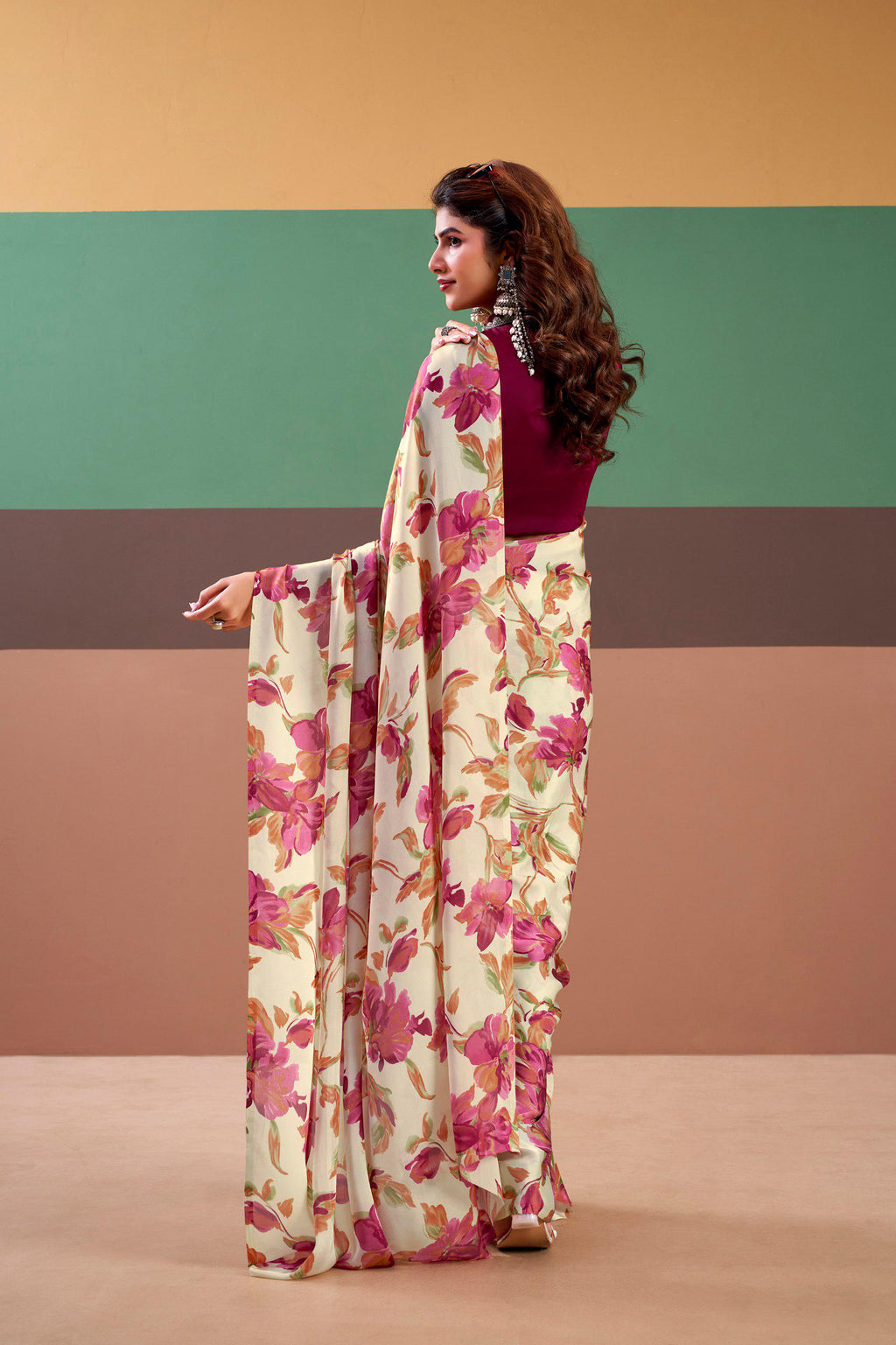 Satin Silk Floral Saree with Stitched Natural Silk Blouse, Indian Festive Party Wear