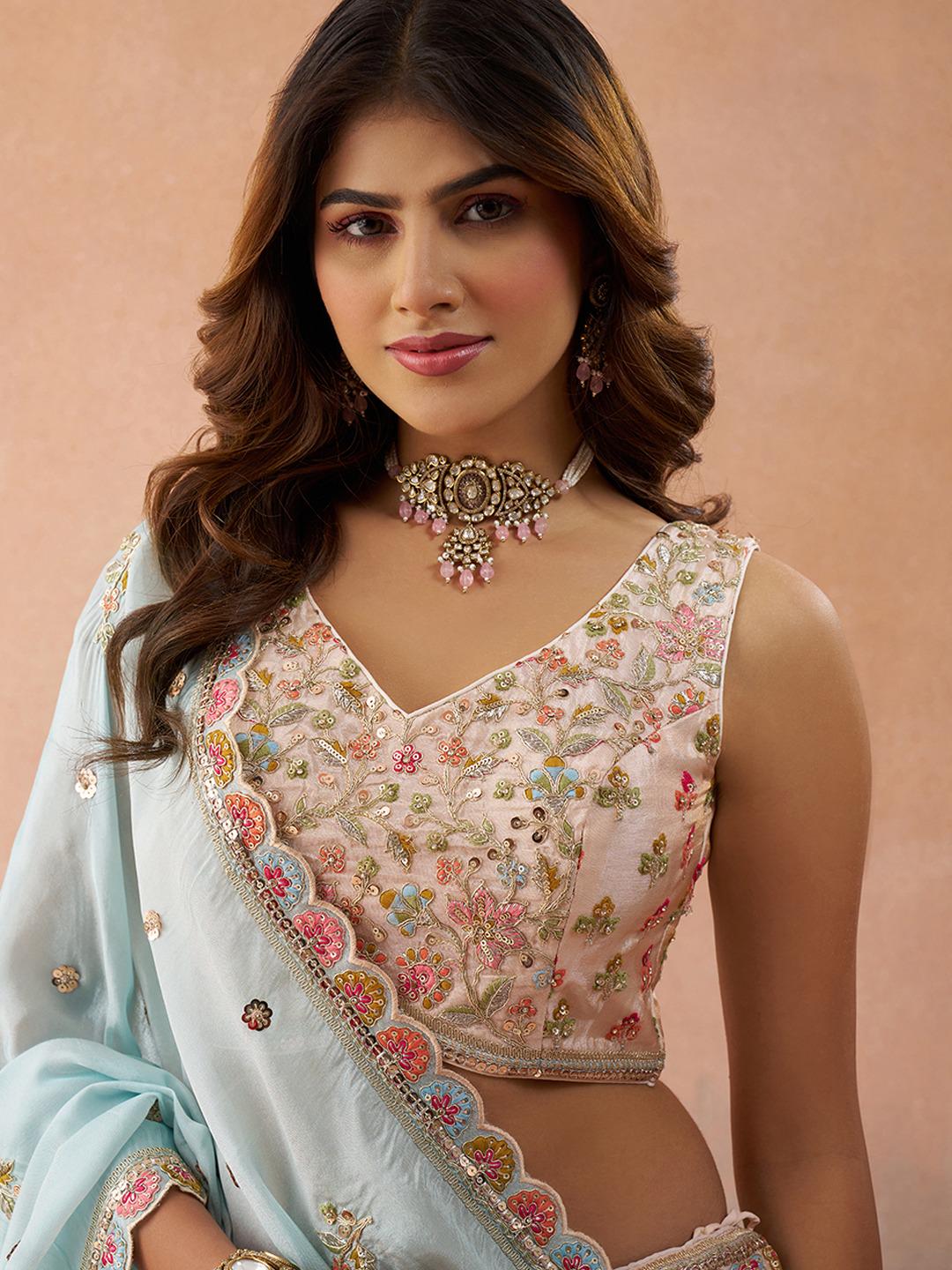 Peach Tissue Lehenga Choli, Zari Embroidery, Sky Dupatta, Wedding Party Wear