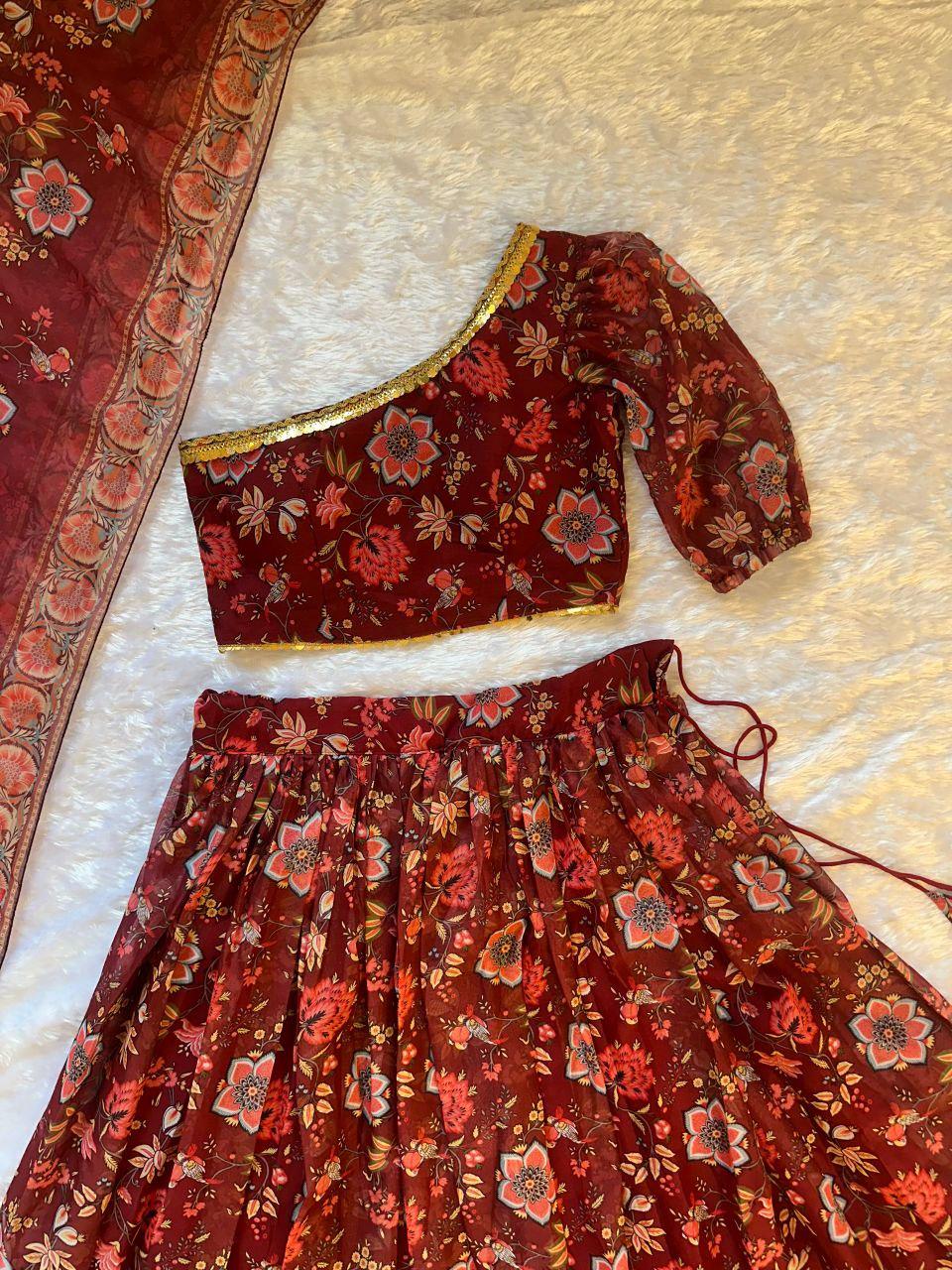 One Shoulder Floral Print Lehenga Choli Set | Ready-to-Wear Festive Wedding Outfit