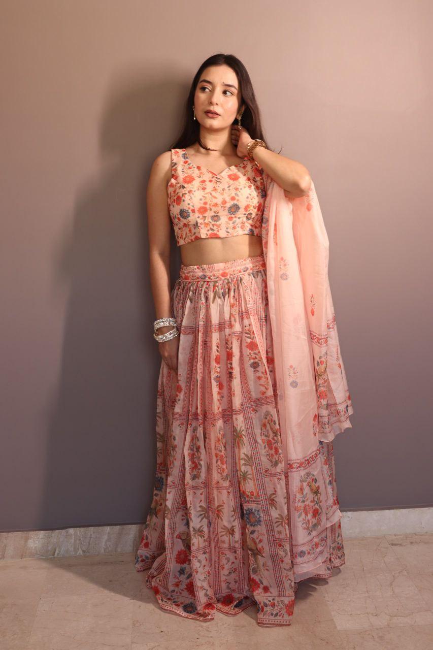 Pastel Floral Organza Lehenga Choli Set | Digital Print Padded Blouse, Party Wear