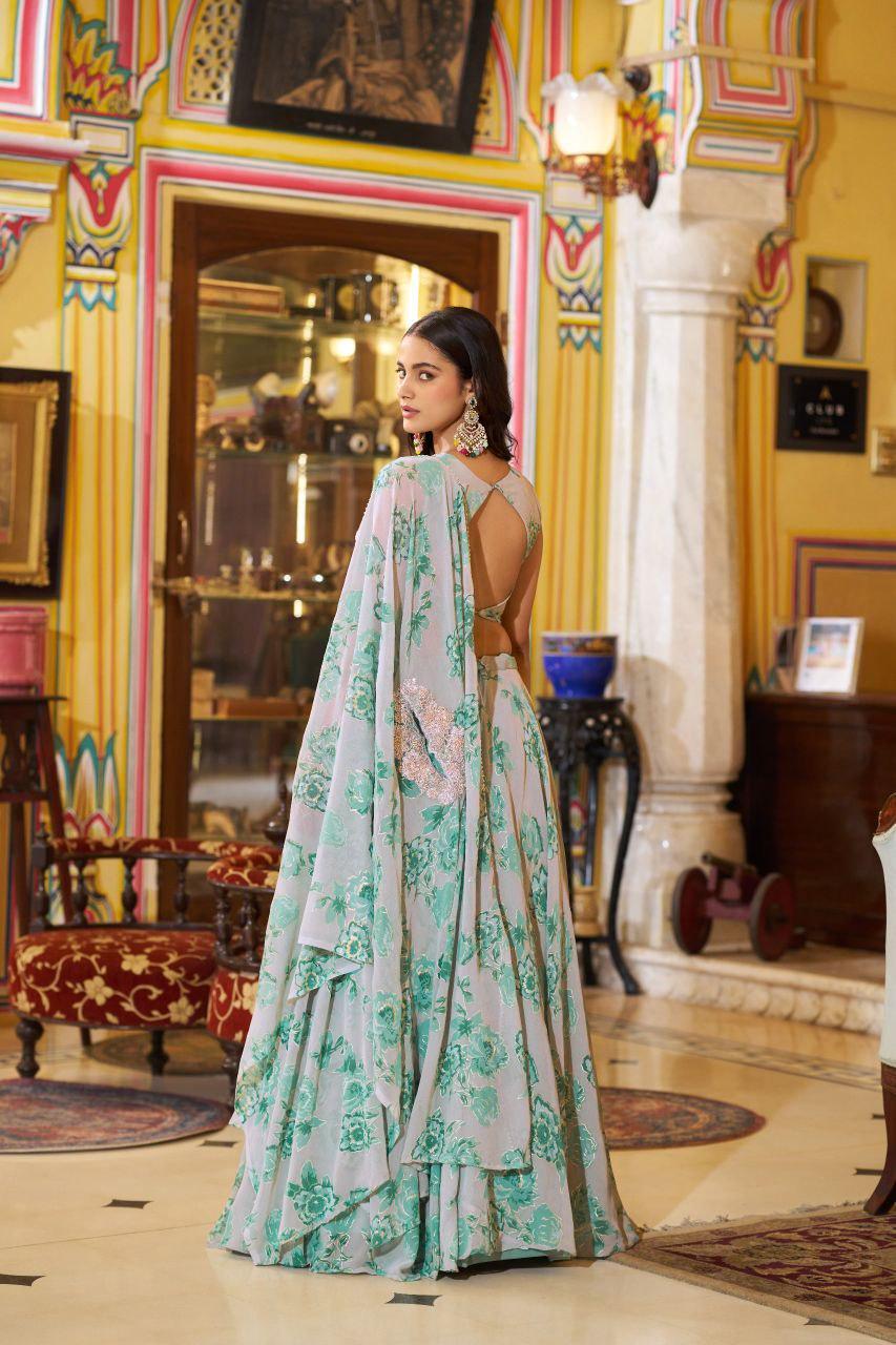 Embroidered Georgette Lehenga Choli Set with Cape Dupatta & Batwa Bag