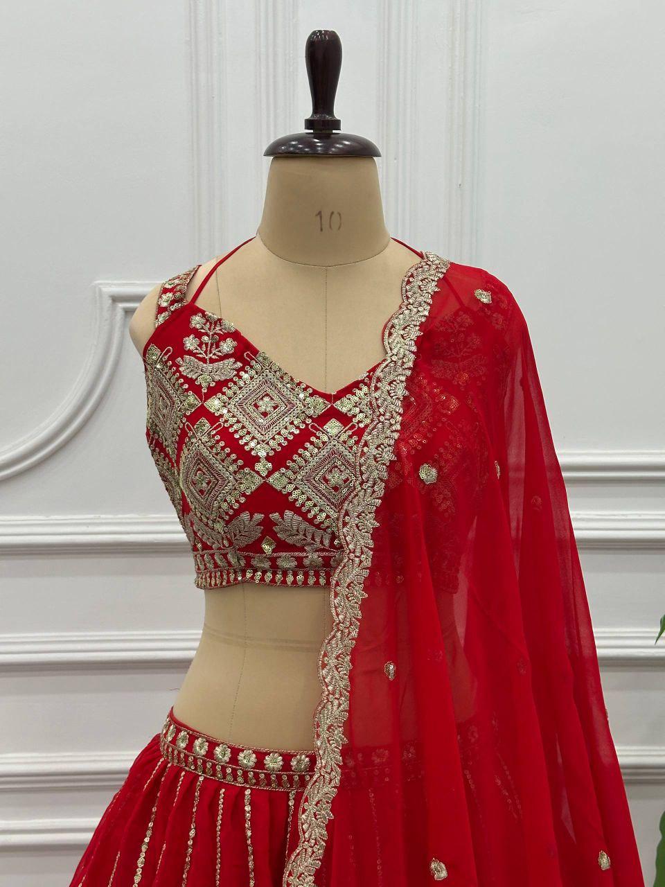 Red Faux Georgette Lehenga Choli | Sequins Zari Embroidery Bridal Set