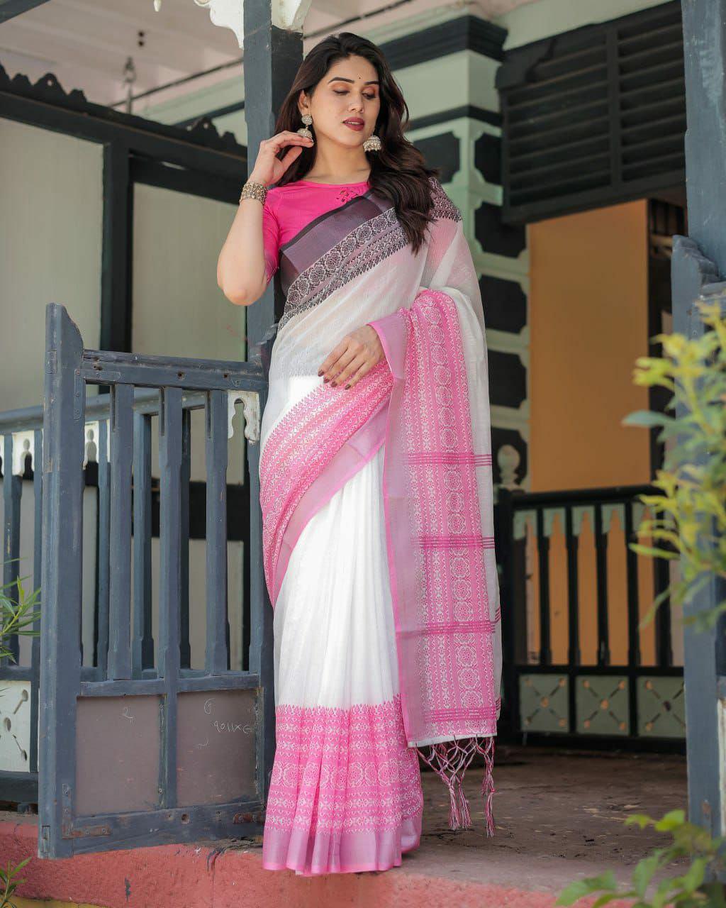 White Linen Cotton Saree, Pink Woven Border, Traditional Festive Wear, Designer Blouse Piece