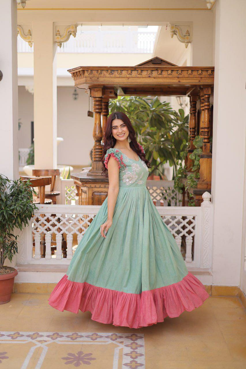 Cotton Anarkali Gown, Sequins Beads Embroidery, Festive Party Dress