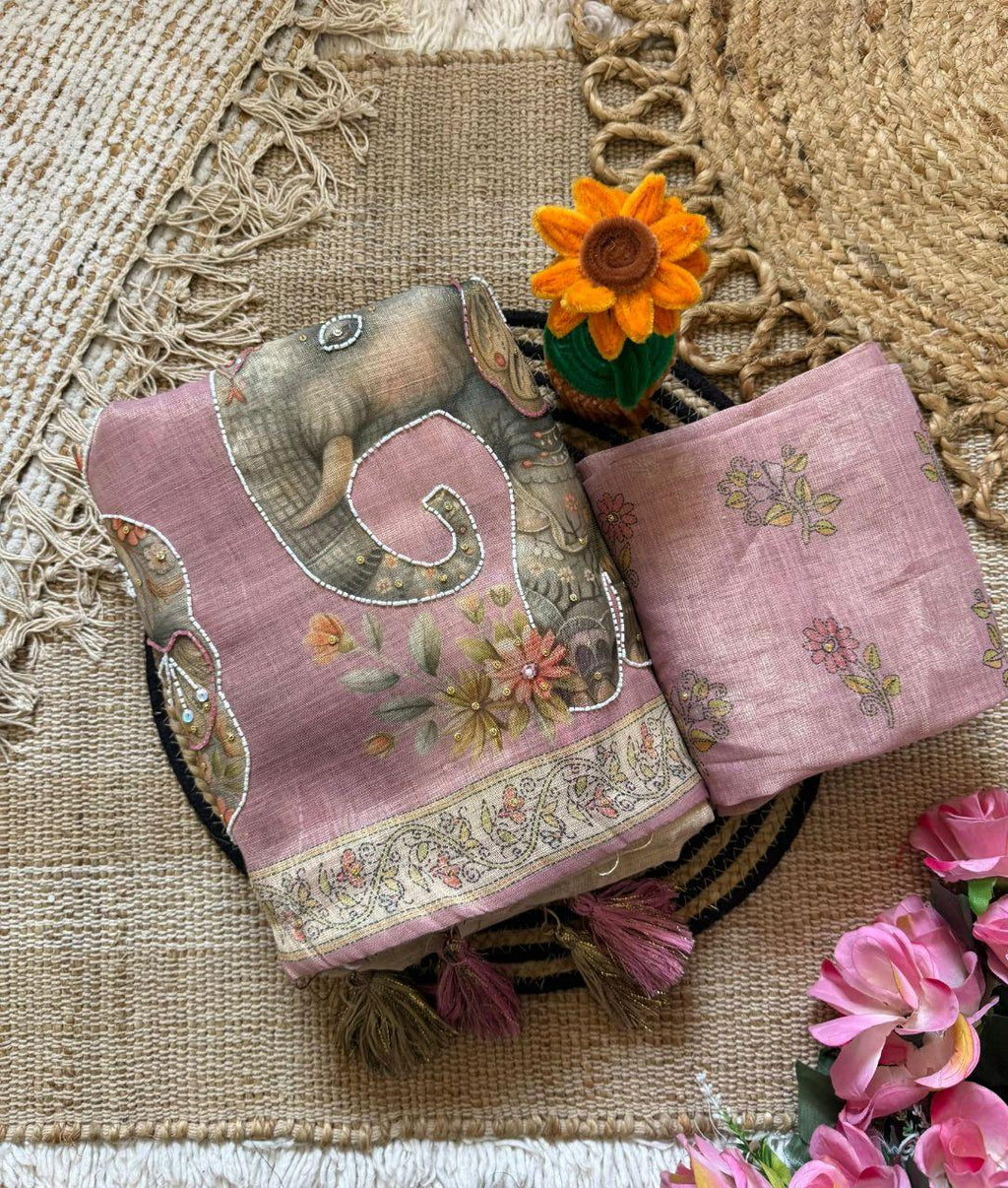 Linen Cotton Silk Saree | Digital Print, Khatli Kut Dana Handwork, Stone Embellished Designer Wear