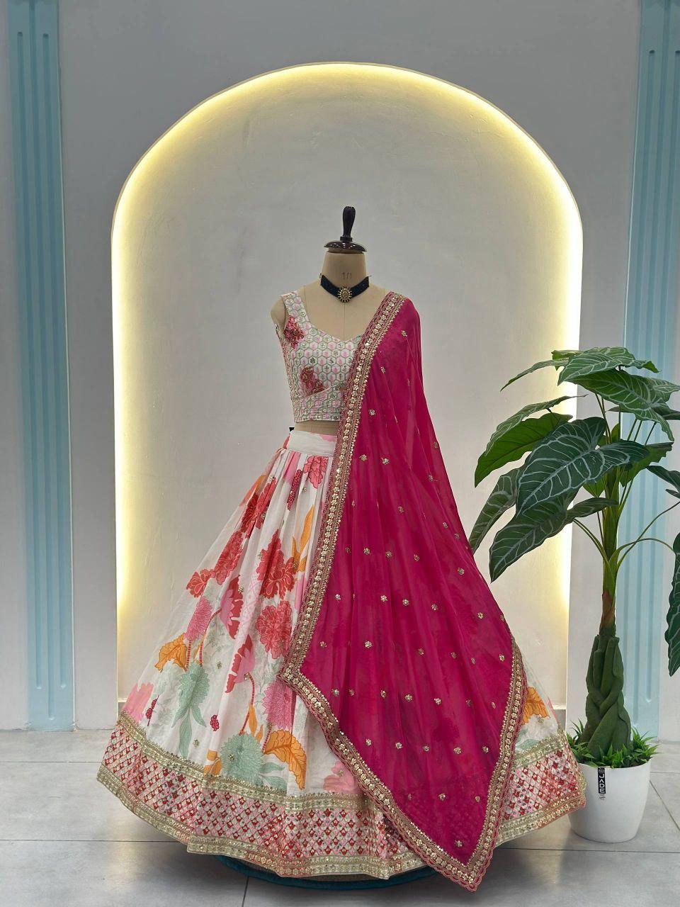 Chinon Silk Lehenga Choli | Digital Print, Sequins Embroidery, 4 Meter Flair, Indian Wedding Wear