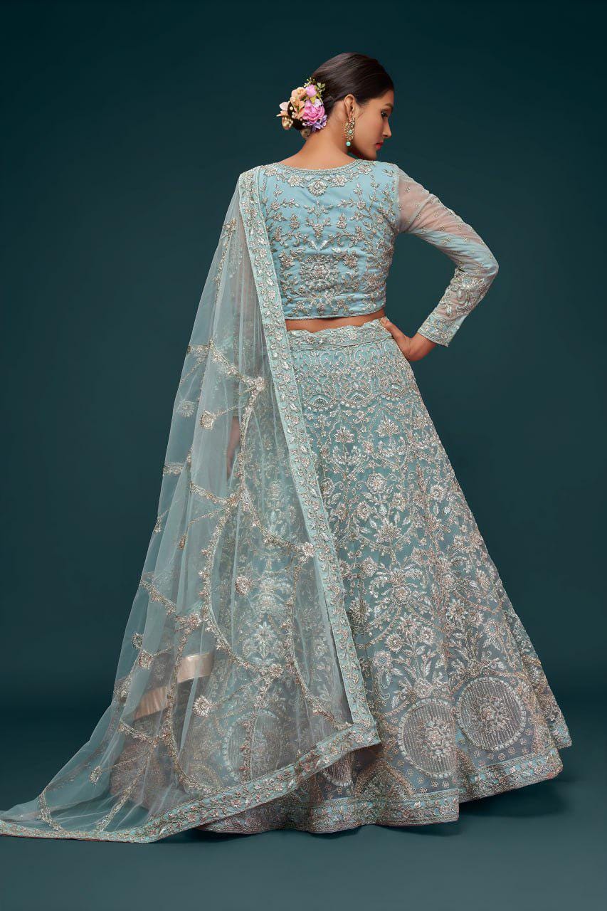 Aqua Blue Net Lehenga Choli Set, Zari Badla Glitter Dori Embroidery, Semi-Stitched Wedding Dupatta
