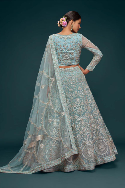 Aqua Blue Net Lehenga Choli Set, Zari Badla Glitter Dori Embroidery, Semi-Stitched Wedding Dupatta