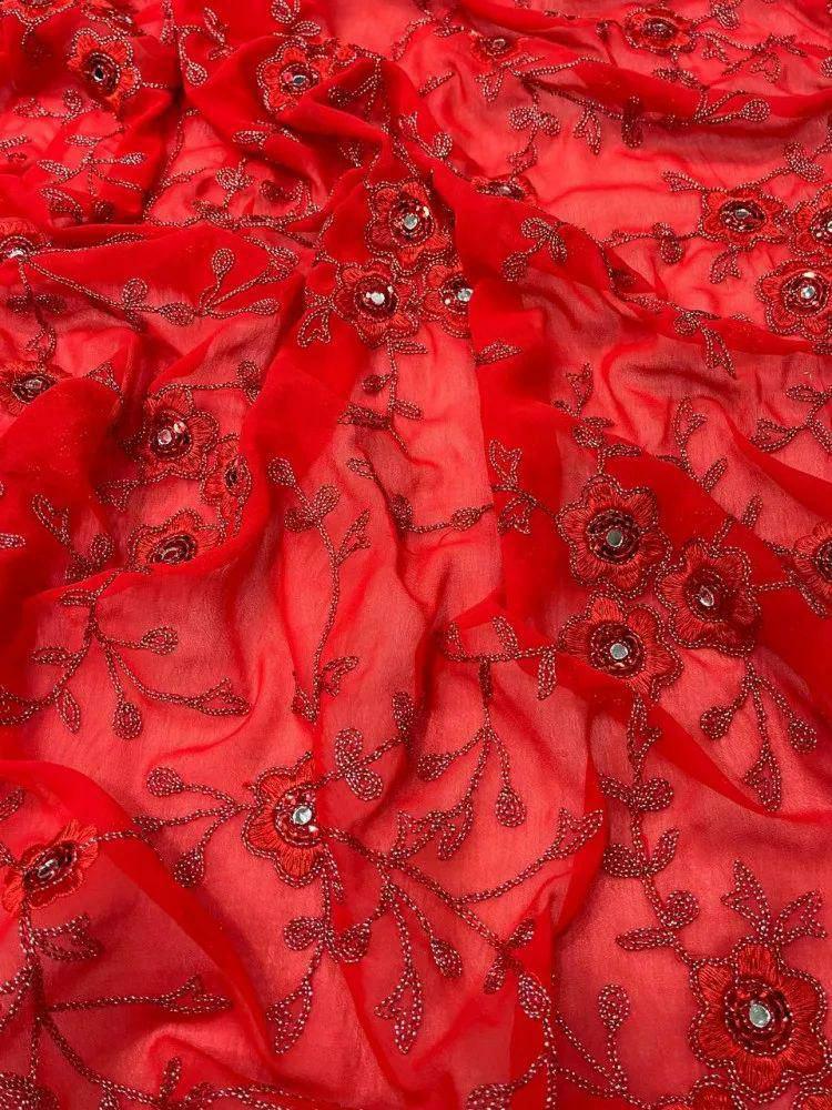 Red Georgette Saree, Real Mirror Work, Ruffle Border, Designer Embroidery Blouse Piece