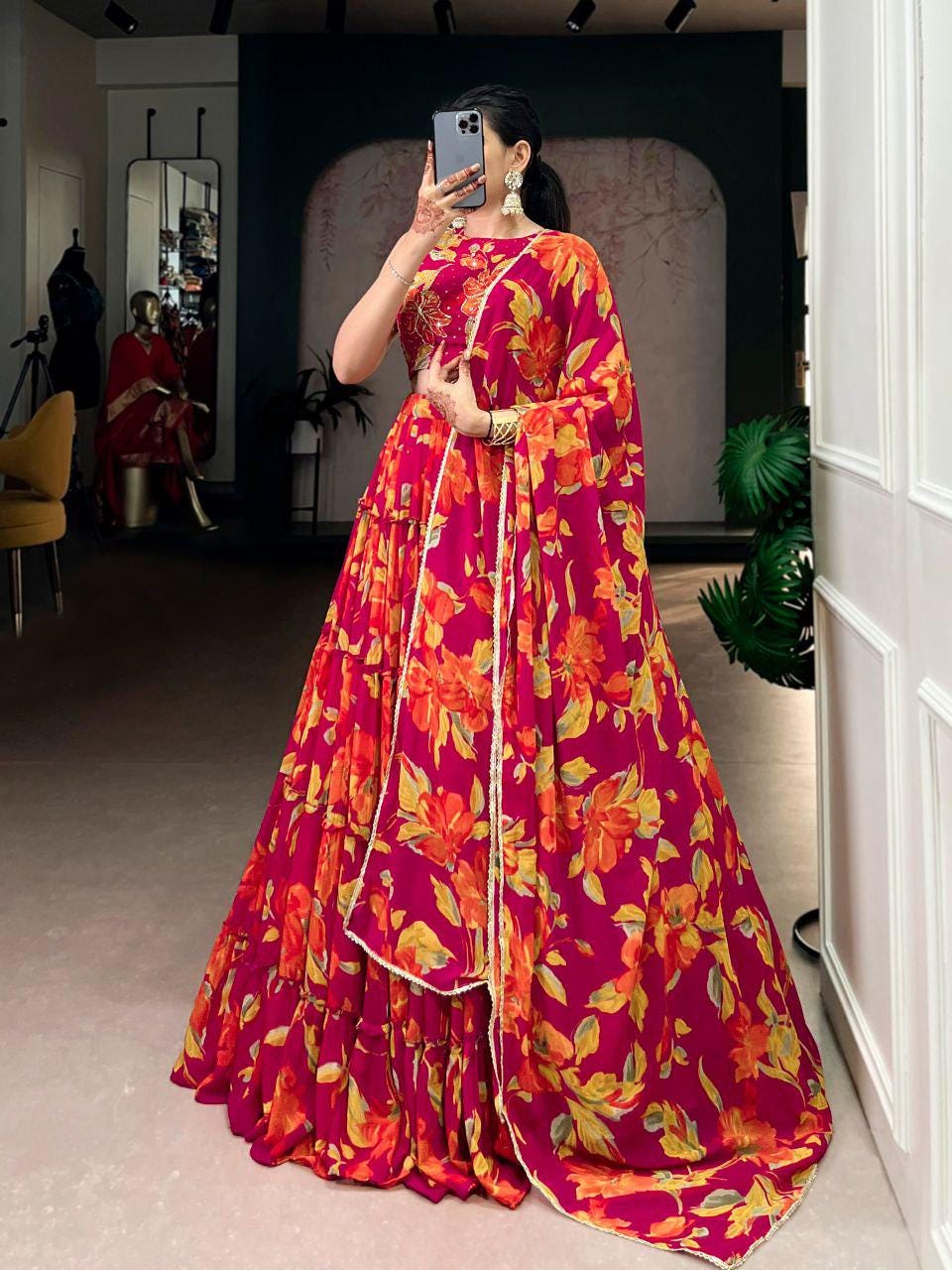 Floral Marble Lehenga Set, Lace Border Dupatta, 12 Meter Flair, Wedding Wear