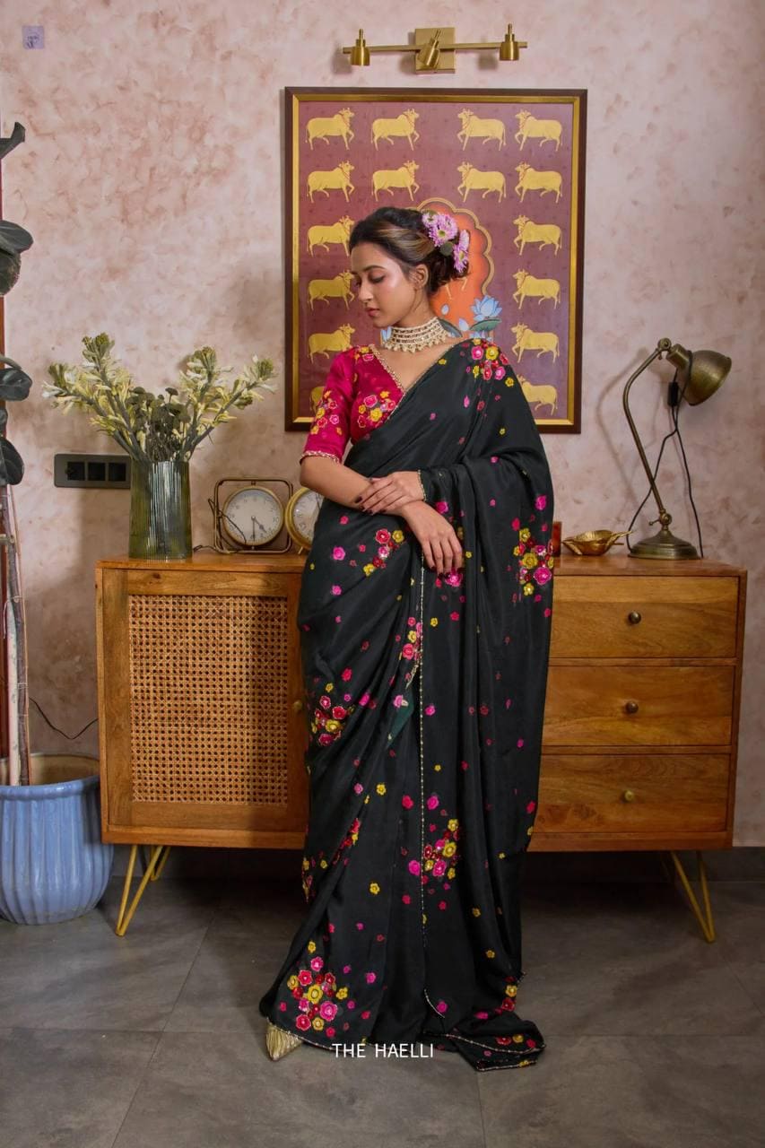 Floral Print Tabi Saree with Cut Dana Handwork, Summer Party Wear Chinon Blouse