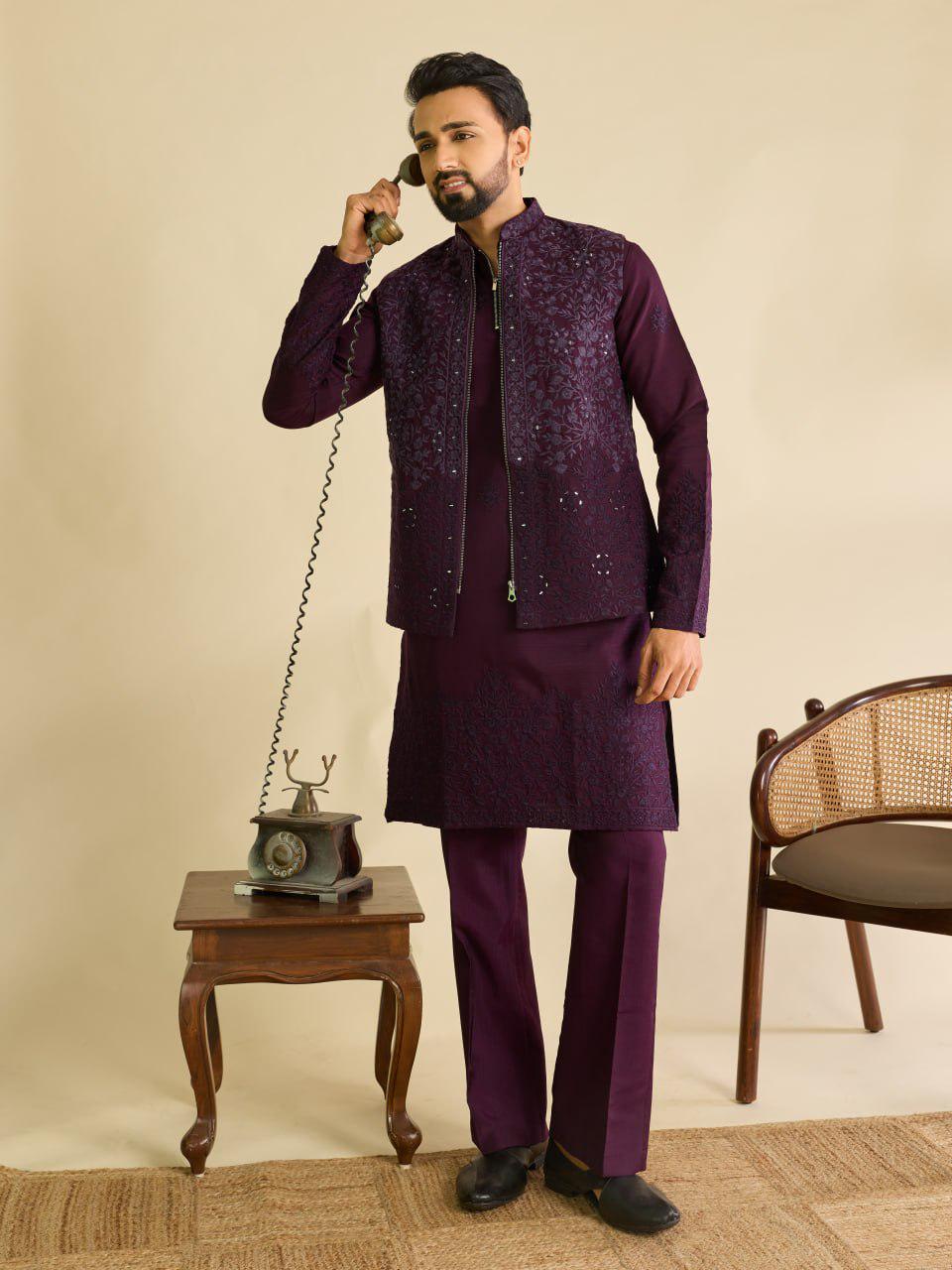 Art Silk Kurta Koti Set | Real Mirror Multi Thread Embroidery Wedding Outfit