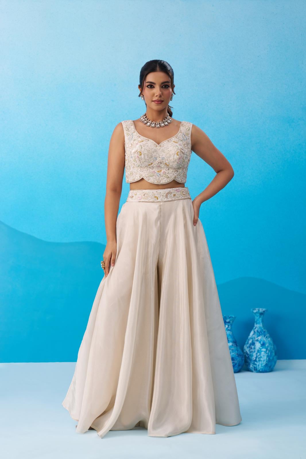 Cream Viscose Crop Top Palazzo Set with Pink Cape, Beads Embroidery Festive Co-Ord