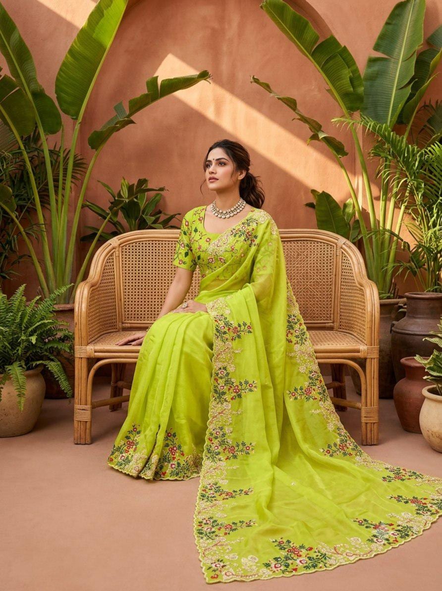 Paper Silk Saree Embroidered Sequins Cutwork Border | Designer Wedding Party Wear Blouse