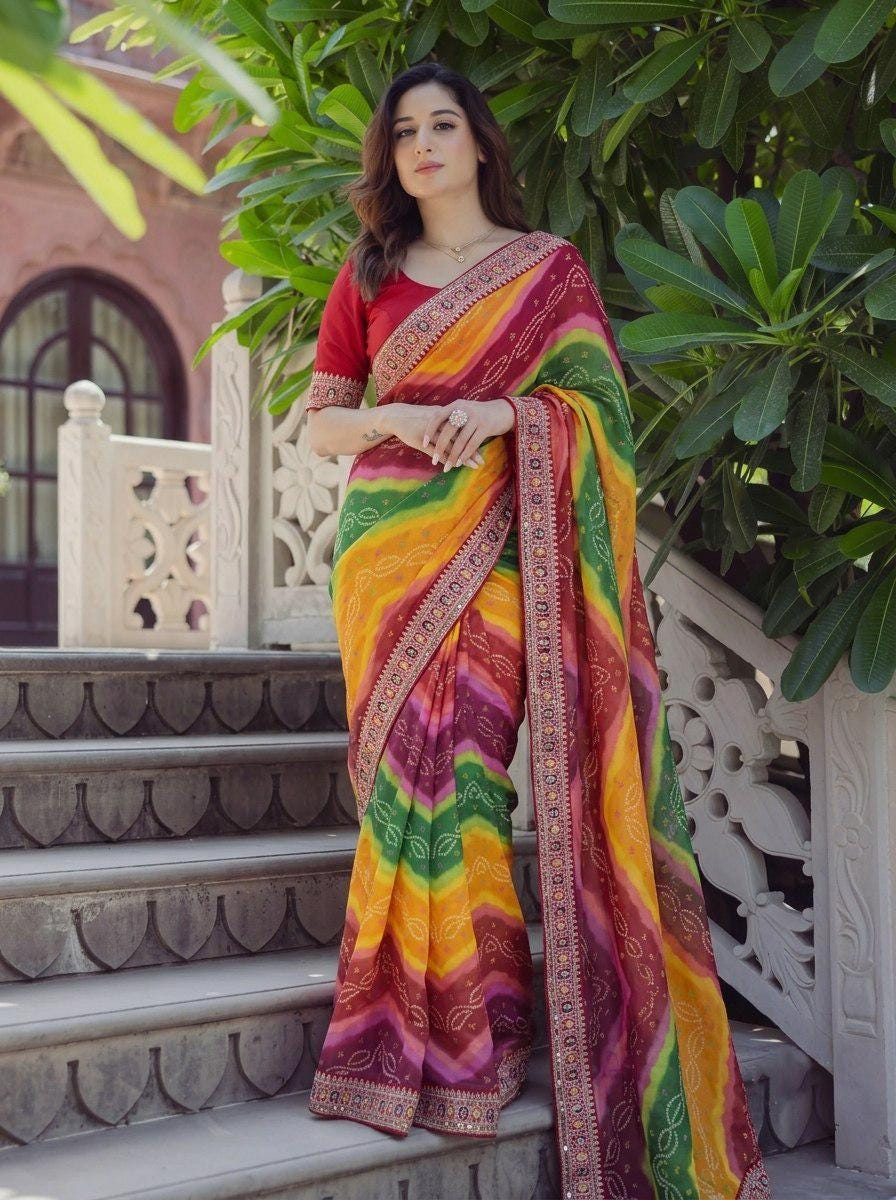 Soft Georgette Digital Print Saree | Embroidered Lace Border, Banglory Silk Blouse