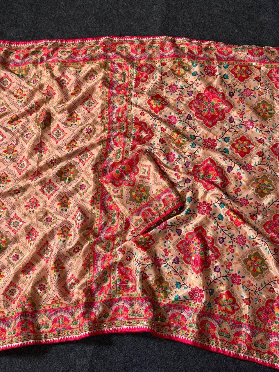 Roman Silk Ajrakh Saree, Real Mirror Work, Festive Wedding Wear, Ethnic Designer Sari