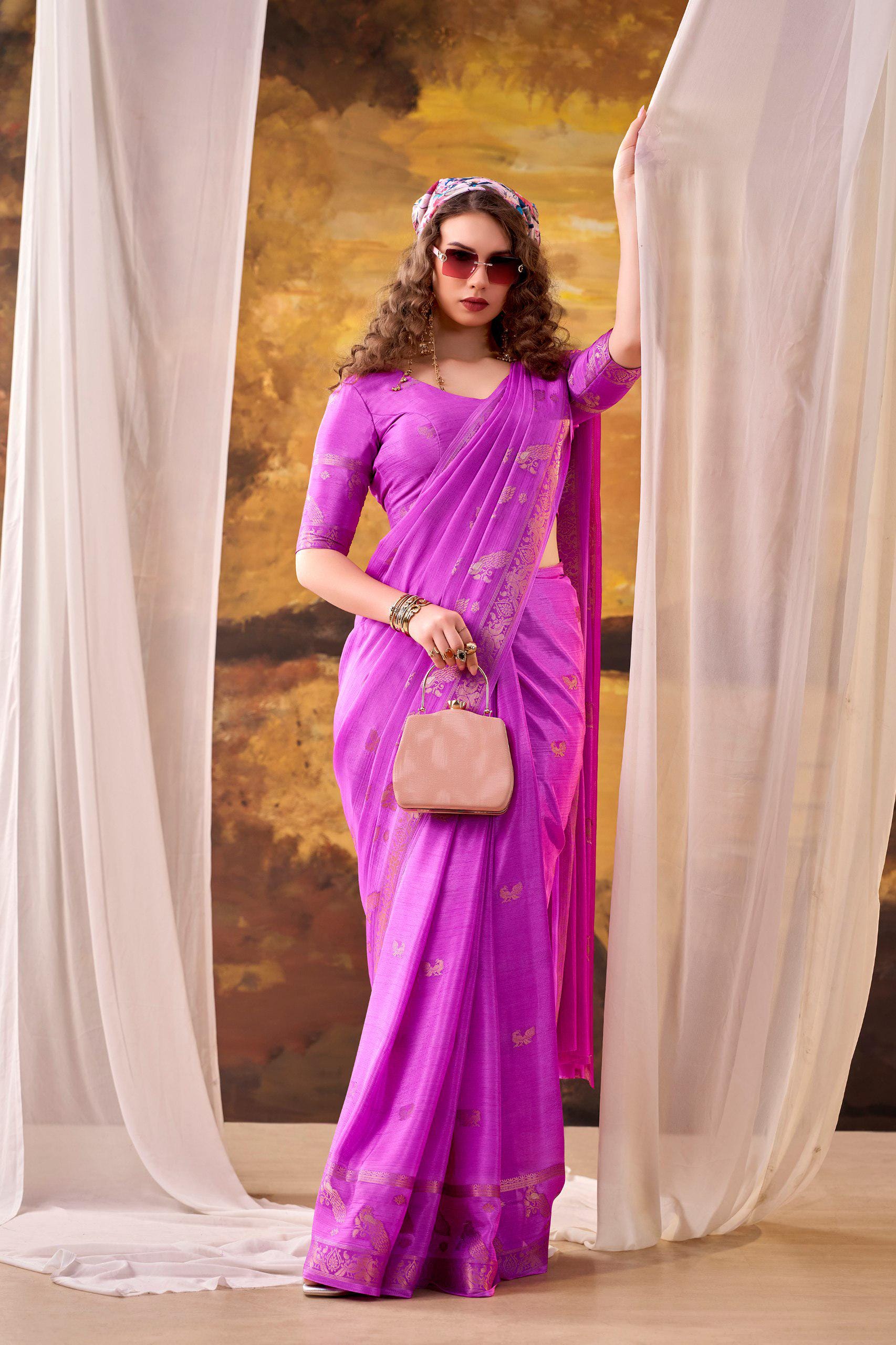 Crepe Weaving Saree with Unstitched Blouse, Lightweight Indian Festive Wear