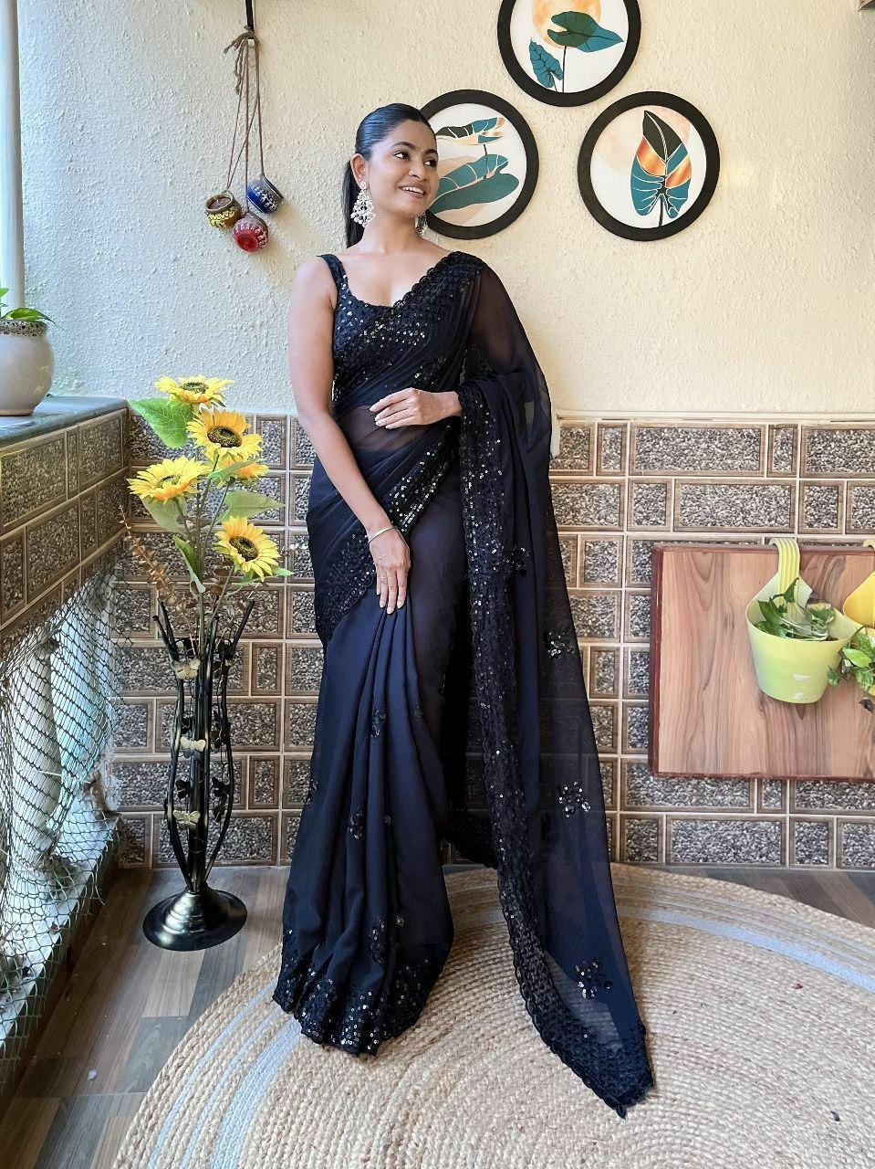 Soft Georgette Embroidered Saree | Sequin Cutwork Border, Diamond Silk Blouse, Party Wear