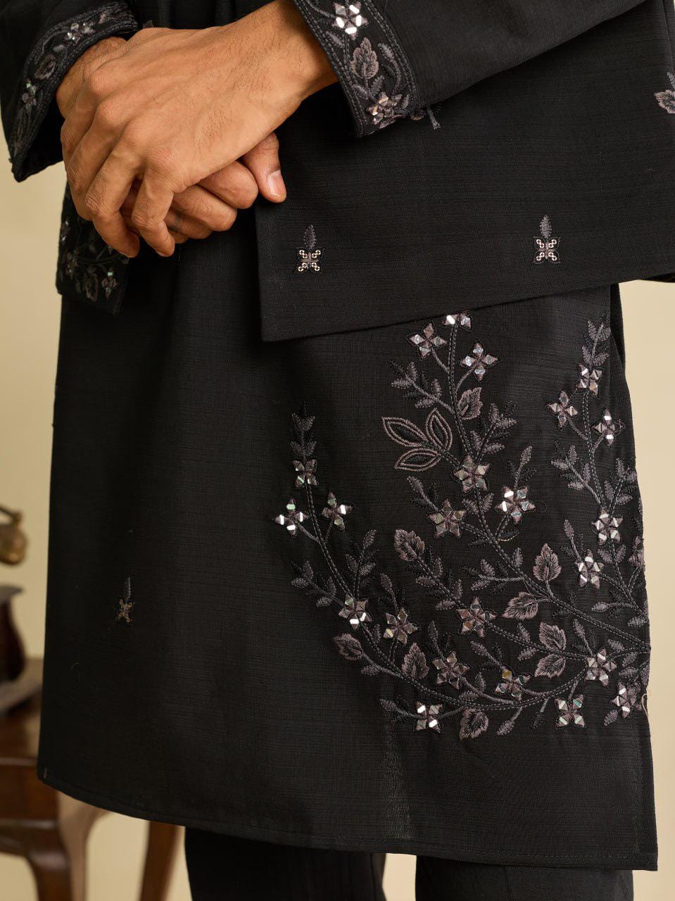 Art Silk Kurta Koti Pant Set | Mirror Work Embroidery Festive Wear