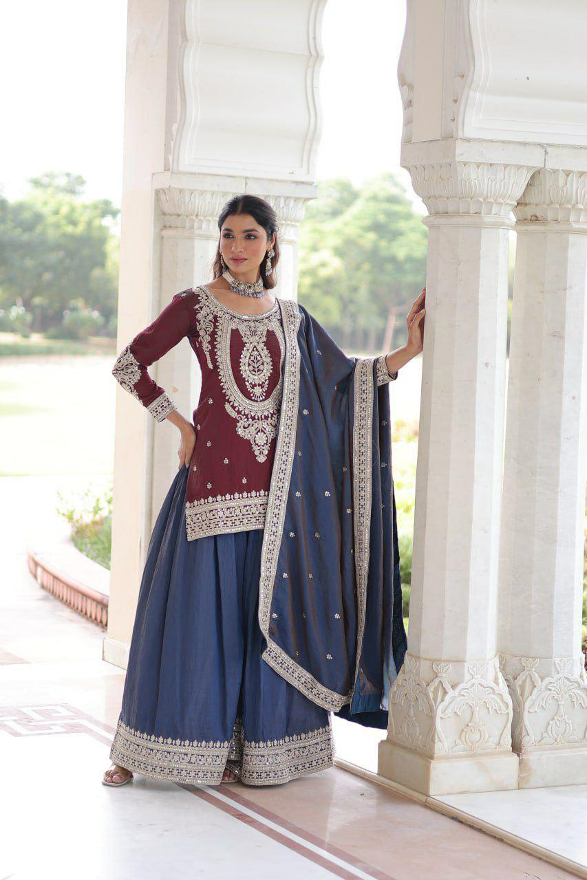 NC Silk Sharara Suit, Sequins Cording Embroidery, Designer Party Wear Kurti Set