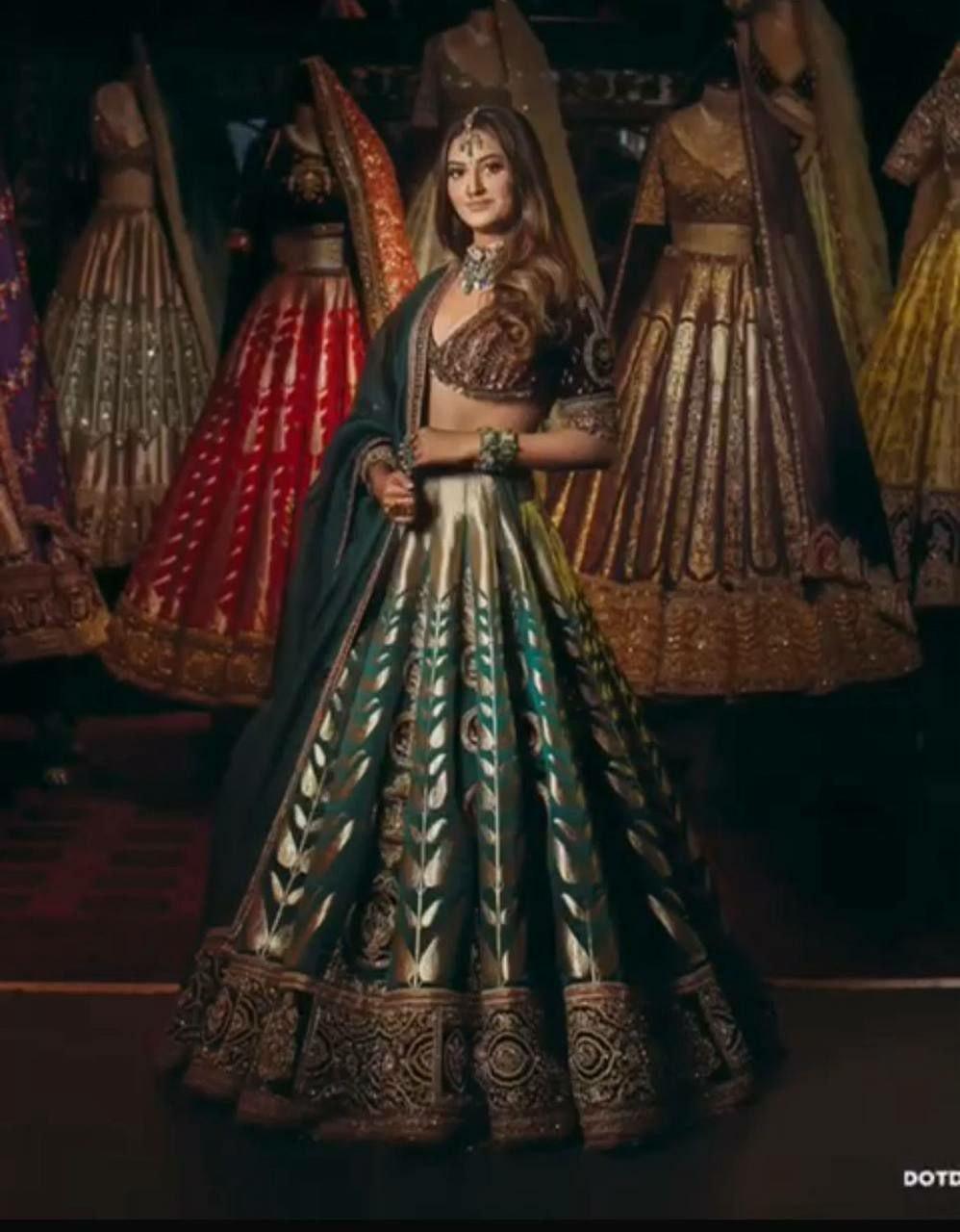 Japan Satin Silk Lehenga Choli, Velvet Blouse, Sequins Embroidery Bridal Wedding Set