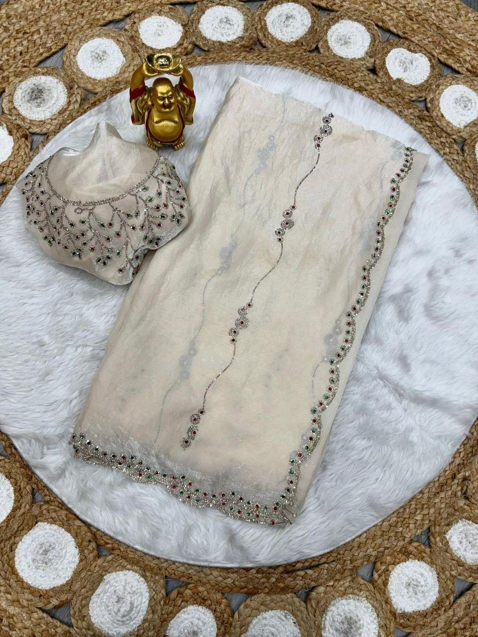 Space Silk Saree | Jarkan Stone Work, Designer Party Wear, Festive Wedding Ensemble
