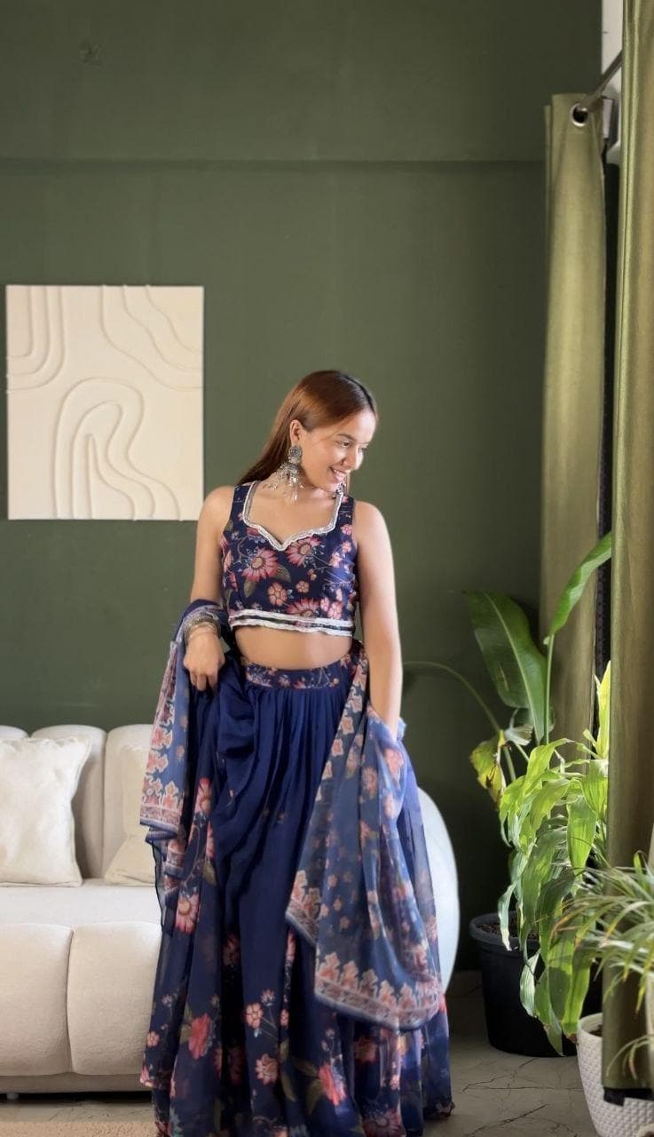 Soft Fox Georgette Floral Print Lehenga Choli Set | Stitched Padded Blouse, Party Wear