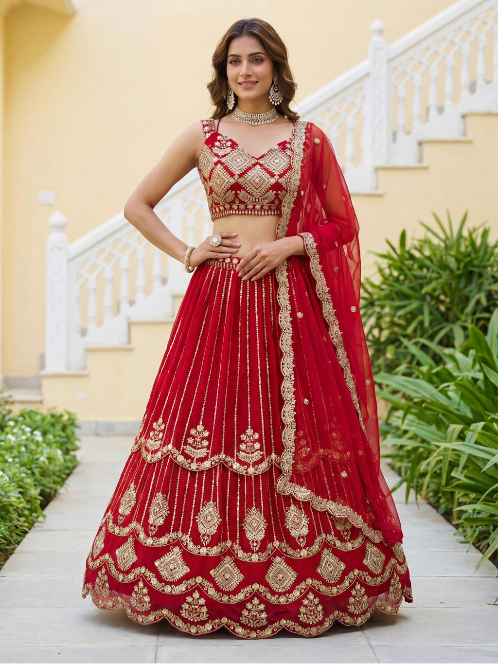 CxC Faux Georgette Lehenga Choli Set, Zari Sequin Embroidery, 3.5 Meter Flair (Semi Stitched)
