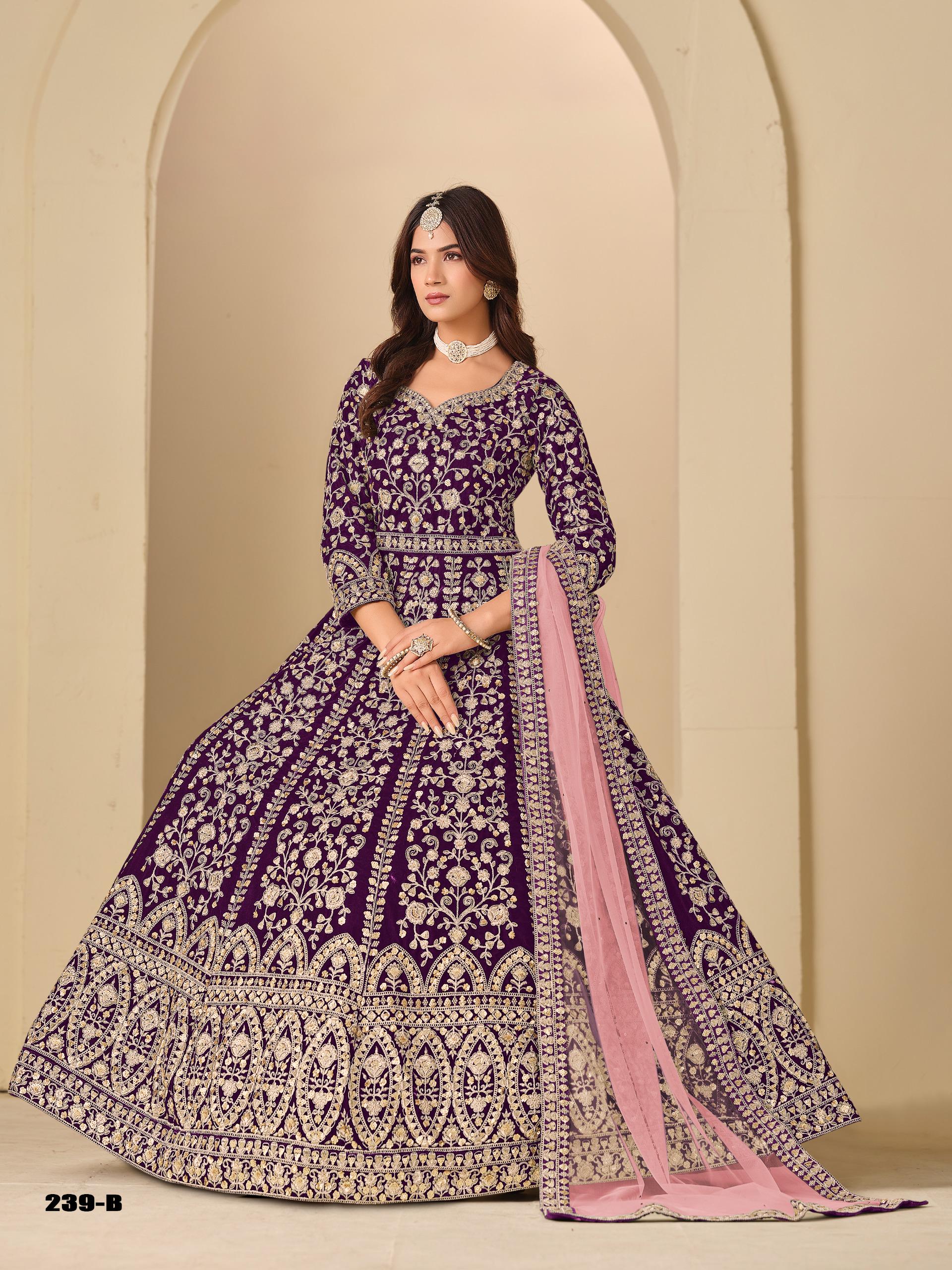 Velvet Embroidered Lehenga Set Net Dupatta, Heavy Work Outfit (Custom Stitch Up to 44)