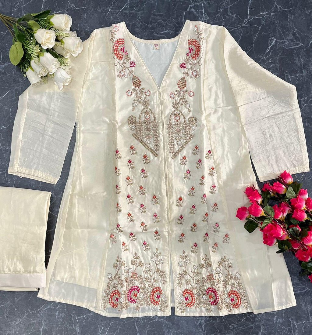 Embroidered Silk Kurti Pant Set, Short Ethnic Co-Ord Outfit, Festive Wear