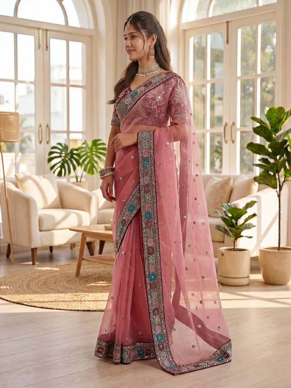 Organza Silk Saree with Embroidery Work & Lace Border | Designer Wedding Saree